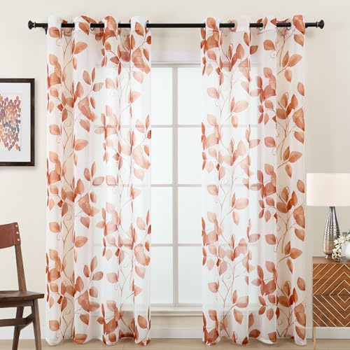 L.Z.E Gardine Orange für Erker Fenster, Transparent Vorhang Orange mit Ösen Kurz, Durchsichtig Gardinen Vorhänge für Wohnzimmer Schlafzimmer, 2er Set Bedruckte Blätter Muster Ösenschals, 175 cm Länge
