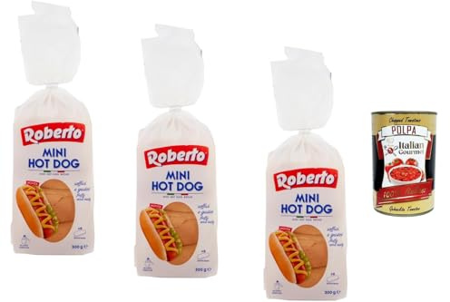 Italian Gourmet Mini Hot Dog Brötchen 3 x 300 g weiche Hotdog Buns für Würstchen Sandwich Party Buffet Grill BBQ Kinder Geburtstag Vorratspack + Italian Gourmet Polpa