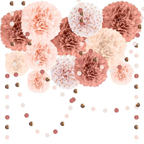Seidenpapier Pompons Deko 15-teilig, Rosegold Altrosa Champagner Papierblumen Ponponbälle & Girlande, Vintage Pompoms für Hochzeitsdeko, Geburtstag, Babyparty, JGA Frauen, Mädchen Partydeko