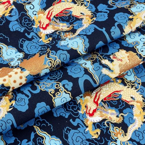 MAYJOYDIY 1.1Yard 1M Qilin Baumwollstoff 1.5M breit Drache und Glückwolken bedruckter Nähmaterial Japanischer Polsterstoff für DIY Nähen und Bekleidungsdekoration Handwerksprojekte Farben Blau