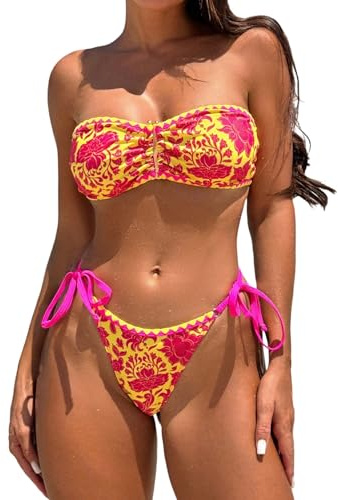 GORGLITTER Bandeau Bikini Damen Set Mit Ring Trägerlos Badeanzug Set | Trägerloser Bikini, Bikini Oberteil Trägerlos, Bikini Mit Blumenmuster, Strandoutfit