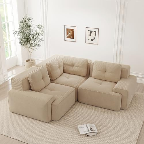 Luscriate Strapazierfähiges Cord Ecksofa 3-Sitzer, modulares & konfigurierbares Sofa mit 32D Polsterung, Kratzfest, fleckenabweisend, haustierfreundlich, bodennah & ohne Montage (Biege, Eckesofa-3S)