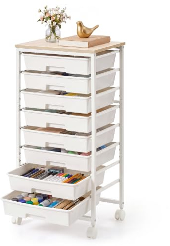 VASAGLE Carrito de Almacenamiento con 8 Cajones, Organizador con Ruedas, Carrito Auxiliar con Tablero de Madera, 39,5 x 28,5 x 76.5 cm, para Oficina, Salón, Blanco, Colección BENCO LRC006W101