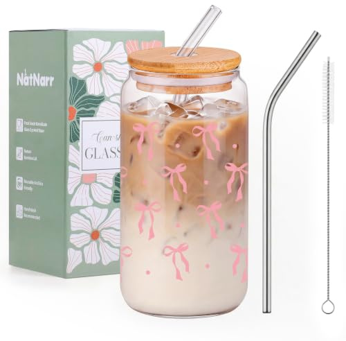 NatNarr 16 oz Cute Glass Cups with Lids and Straw, Pink Bow Iced Coffee Cup | Coquette Coffee Cups Aesthetic Stuff Cute Cup Tumbler Preppy Stuff for Teen Girls Women, Girly Birthday Gifts