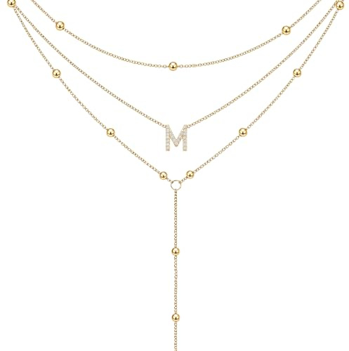 Livdouyu Lange Halskette für Damen, Gold Halskette mit dem Buchstaben M | Mehrreihige Zirkonia Halskette Trendiger Schmuck für Mädchen Elegante Kette Ketten Set, Geschenk für Frauen