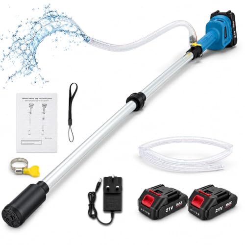 Cordless Stick Water Pump, 2 x 3.0Ah Batteries, 1800/2200/2400 L/h High Flow, 5CM Bottom lnlet, Three-Speed Adjustable, 60-Min Runtime, Detachable Battery Water Pump with Water Pipe, 3 Meter Lift