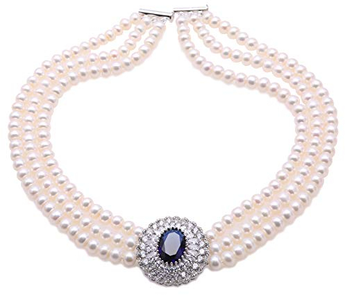JYX Pearl Halskette mit 3 Strängen, echte 7–7,5 mm, 3 Stränge, weiße Süßwasser-Zuchtperlen, Opernhalskette mit blauem Edelstein Anhänger für Frauen, Länge 43–45,7 cm