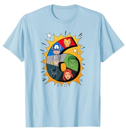Marvel Avengers Comic Super Heroes 6th Birthday T-Shirt für Kinder, Frauen & Unisex - Klassisches T-Shirt mit Comic-Design & Doppeltem Saum - Blau, S