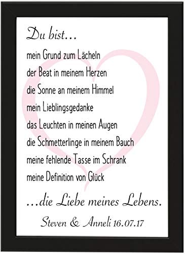 Personalisiertes Geschenk Du bist die Liebe meines Lebens Poster DIN A4, gerahmt mit schwarzem Bilderrahmen, Valentinstagsgeschenk für Sie und Ihn, Personalisierbares Poster (personalisierbar)
