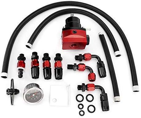 Regulador Presion Gasolina, Regulador de combustible Qiilu, kit regulador de presión de combustible de coche ajustable universal de acero inoxidable 304 con manómetro 100PSI(Negro + rojo)