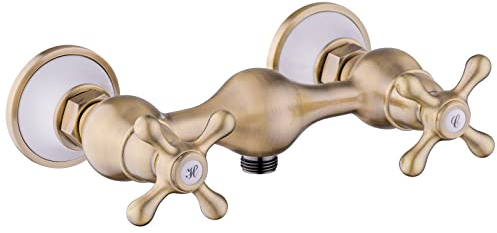 PaulGurkes Bronze Duscharmatur Messing Antik Zweigriffmischer Retro Mischbatterie Zweihandmischer Landhausstil Kreuzgriff