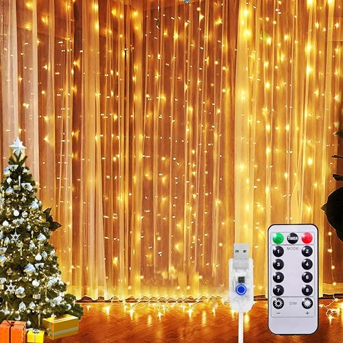 Sunlisky Lichtervorhang Innen 3x3m 300 Led Lichterkette Innen Vorhang/Fenster mit Fernbedienung Timer,8 Modi IP65 Wasserdicht für Weihnachtsbeleuchtung Innen Fensterdeko Weihnachten Beleuchtet
