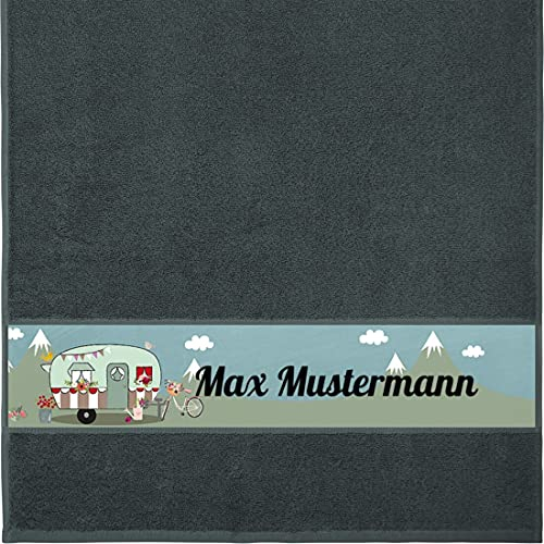 Manutextur Handtuch mit Namen - personalisiert - Motiv Camper - anthrazit - Größe 50x100 cm - persönliches Geschenk