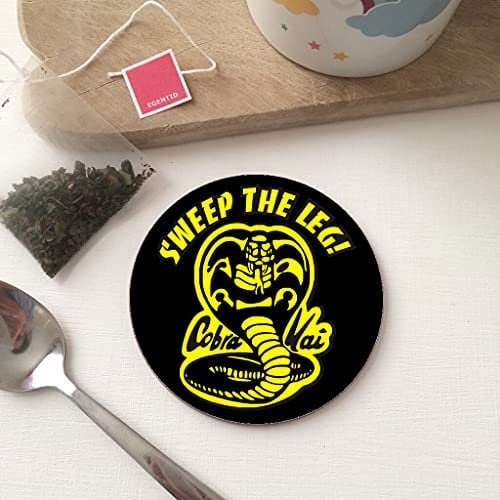 BigBazza Round Circle Wood Gift Coaster Coffee Tea Office Kitchen Novelty Cup Work Mug - Retro Sweep Leg Cobra Kai Karate Kid inspired
