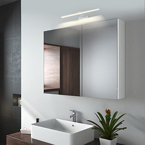 EMKE Spiegelschrank Bad mit Beleuchtung Badezimmer Spiegelschrank Spiegelschrank Bad mit Spiegelleuchte 40cm Neutral Licht, Badschrank mit Doppelseitiger Spiegel (Weiß-85x65x14cm)
