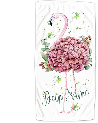 Serviette de Bain pour Enfants avec nom Serviette de Bain pour Filles Flamant Rose Hortensia 140x70cm idée Cadeau pour Les Vacances d'anniversaire à la Plage d'été