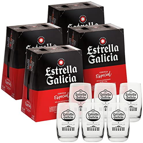 Estrella Galicia Cerveza Especial 4 packs x 6 botellas de 25 cl + Juego de 6 vasos de caña