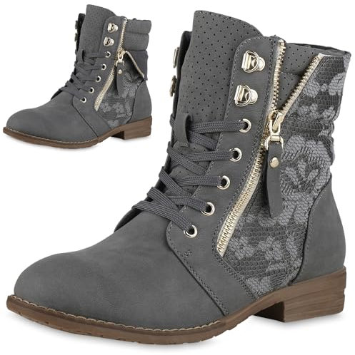 VAN HILL Damen Schnürstiefeletten Spitze Stiefeletten Zipper Worker Boot Flandell® 610583 Grau 40