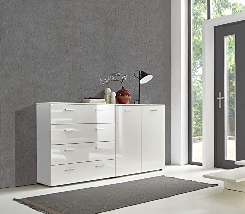 BMG Möbel Kombikommode »Marbella Kommoden-Set 3« (Schubkastenkommode Türkommode Schuhschrank Kommode, Schubkastenkommode + Schuhschrank), Fronten und Oberboden in weiß Hochglanz, Made in Germany