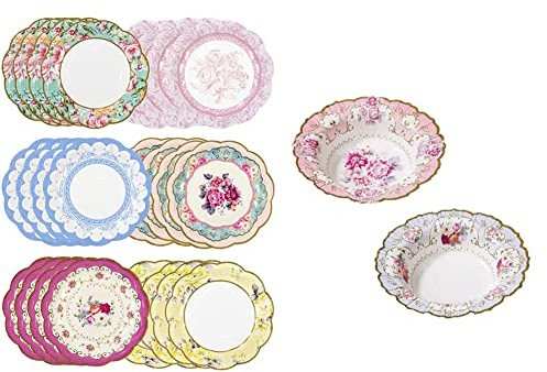 Talking Tables Set di 24 piatti di carta vintage con bordo smerlato, stoviglie usa e getta, ideali per compleanni o feste in giardino &, Ciotole di Carta Truly Scrumptious, Design Vintage