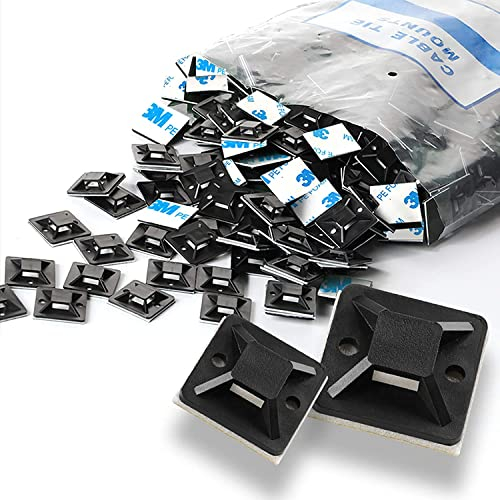 10Gtek Self Adhesive Cable Tie Mounts - 3M Strongly Adhesive-Backed Zip Tie Base Holders for Home, Office Cable Wire Management(19.5mm x 19.5mm, Black, 100pack)