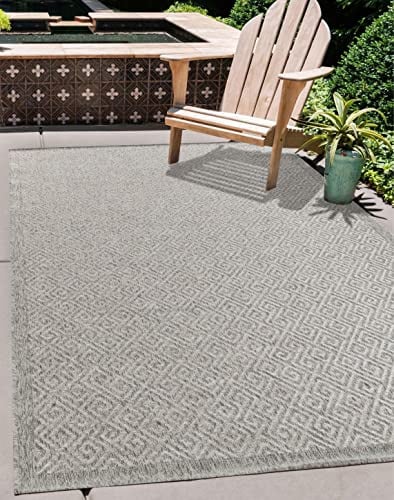 Serdim Rugs Harper Kilim Braided Greek Key Design Outdoor Rugs, Silver, Rectangle 160 x 230cm