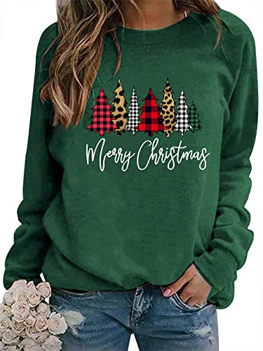 WIEIYM Weihnachtspullover Damen Sweatshirt Weihnachtsbaum Druck Rundhals Langarm Weihnacht Pullover Casual Christmas Sweat Oberteile,Grun,S