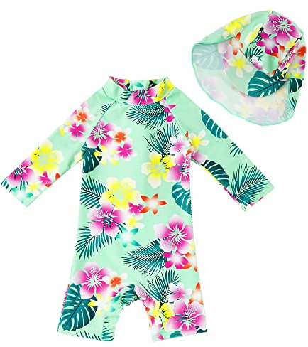 upandfast Maillot de Bain imprimé pour bébé Maillot de Bain Une pièce à Manches Longues Protection Solaire UPF 50+ avec Fermetures éclair (Fleur Verte, 12-18 Mois)