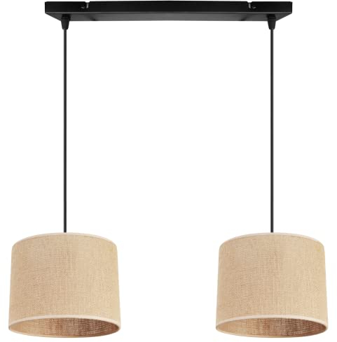 Light-Home Juta Hängelampe - Deckenlampe - Pendelleuchte aus Metall mit Lampenschirm aus Stoff - E27 - Klassisch 2-Flammig 20 cm - Schwarz Untersatz - Jute