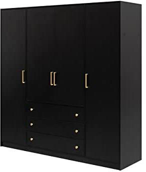 Mirjan24 Drehtürenschrank Raviren 4D, Kleiderschrank mit 3 Schubladen und Kleiderstange, Elegantes Schlafzimmerschrank, Jugendzimmerschrank (Schwarz)