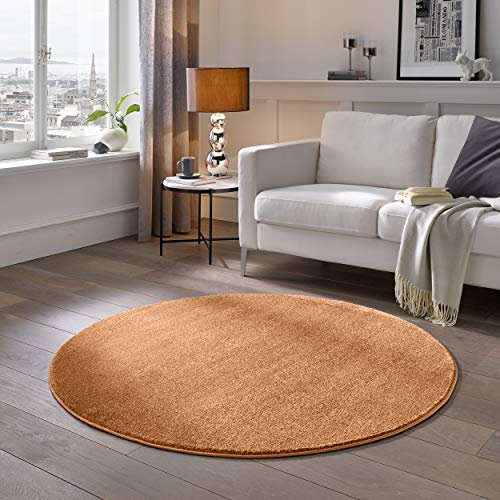 TacaHome Kurzflor Teppich Designer I Flauschiger Flachflor fürs Wohnzimmer, Esszimmer, Schlafzimmer oder Kinderzimmer | 200 cm rund Terra Kupfer
