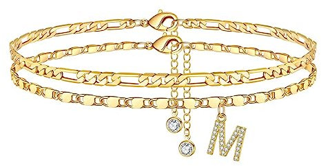 Fußkettchen für Damen, Gold Fussketten für Frauen Fußkettchen mit CZ Buchstaben M Figarokette Doppelte Fußketten Geschenk für Sommer Stand Schmuck Frau Mädchen Tochter Freundin Geschenk Verstellbar
