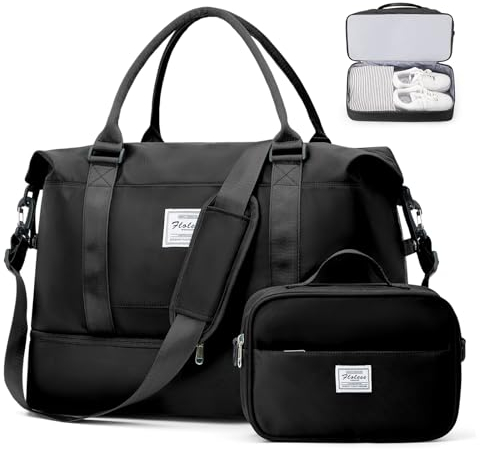 Reisetasche Damen Handgepäck Tasche Sporttasche mit Kulturbeutel Weekender Bag Schwimmtasche Wasserdicht Travel Duffle Bag Fitnesstasche Trainingstasche Krankenhaustasche mit Schuhfach,C1-Schwarz