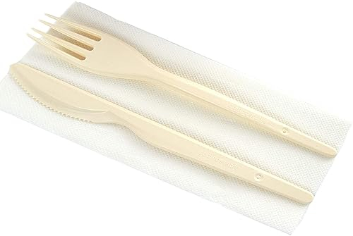 PZ 100 SET POSATE COMPOSTABILI BIS FORCHETTA + COLTELLO + TOVAGLIOLO IMBUSTATE SINGOLARMENTE IDEALE PER ASPORTO ALIMENTI