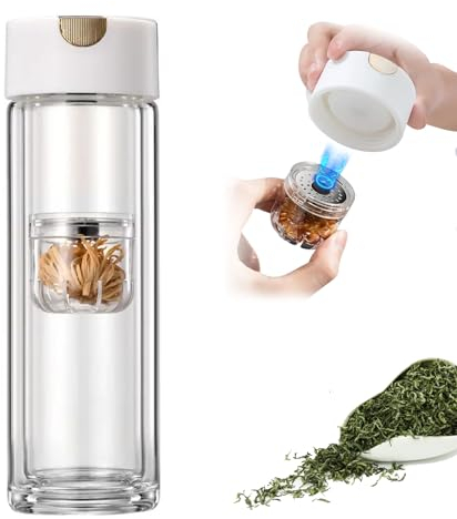 XQZMD Tea Tumbler with Magnetic Infuser, 11oz 320ml Double Layer Thermal Insulated Glass Tea Separation Travel Bottle, Anti Leakage Portable Tea Bottle for Flower (White)