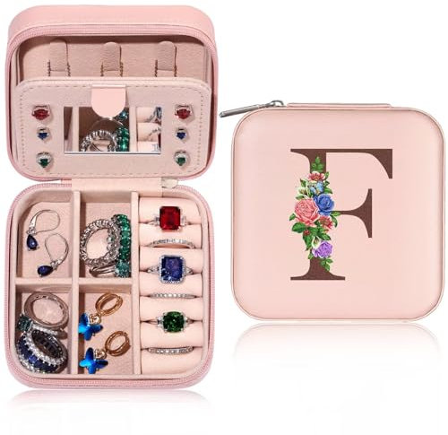 TINGN Initiale Schmuckkästchen Kleine Schmuckkästchen mit Namen Initiale F und Blume Schmuckkästchen Travel Organizer Box mit Spiegel für Damen Mädchen Geschenk für Geburtstage, Weihnachten, Muttertag