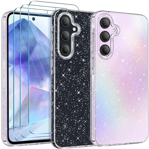 COPIKE Cover per Samsung Galaxy A55 5G con 3 Pezzi Vetro Temperato, Custodia Silicone Morbido TPU Trasparente Antiurto Simpatiche per Donne e Ragazze, Glitter