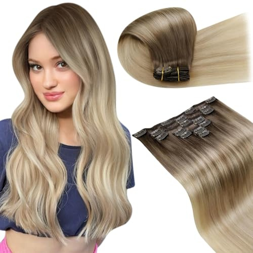 LaaVoo Echthaar Clip in Extensions Ombre Blond Extensions Echthaar Clip Balayage Hellbraun Aschblond Platinblond Remy Clip in Echthaar Extensions Doppelt Tressen 105g 7pcs 45cm #8/18/60