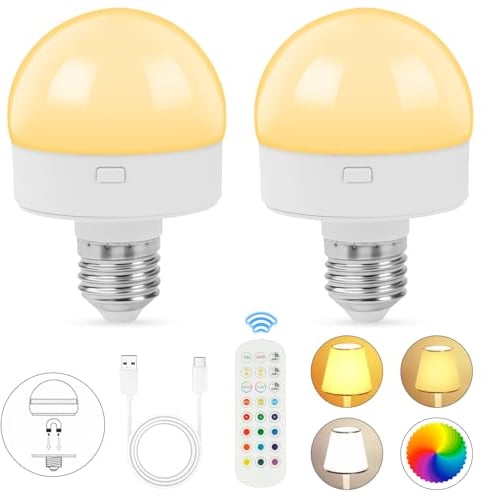 HOTUT Rechargeable Light Bulbs with Remote,E26 Battery Light Bulb,RGB Color Changing Bulb with 3 Memory Function,15 Color Choices,Dimmable Battery Powered Light Bulbs for Non Hardwired Lamps,Home Dec