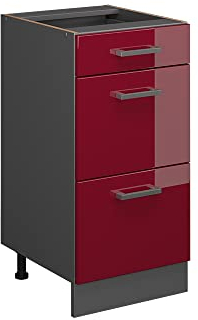 Vicco Küchenschrank R-Line, Schubladenschrank für die Küche, Bordeaux Hochglanz, 40 cm AP Marmor