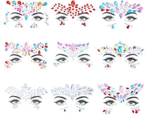 URAQT Adesivi di Gemme per Viso, 9 Pezzi Adesivi Viso Strass Gemme Viso, Glitter Viso Adesivi Brillantini Make Up Strass per Viso, Corpo, Occhi, Halloween, Natale, Festival