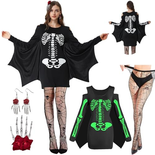 Joellfuner Fledermaus Kostüm Damen, Halloween Outfit Erwachsene, Glow Skelettkleid Mit Strümpfe, Haarspangen, Ohrringe - Schwarzes Skelett Kostüm für Halloween