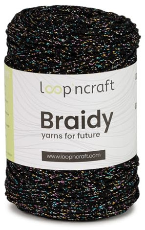 Cordino morbido per borse ad uncinetto in cotone riciclato, cordoncino 2 mm, 250gr al gomitolo, 250 metri, per borse ad uncinetto, progetti creativi e hobby (Nero e Lurex Multicolor)