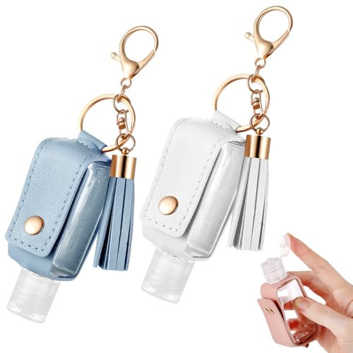 PEOVLVN 2Pcs Hand Sanitizer Keychain, 30ml Portable Leather Hand Sanitizer Holder Travel Size Keychain Hand Sanitizer Case Refillable Bottle for Toiletry Lotion Liquid Soap Shampoo (Blue, White)