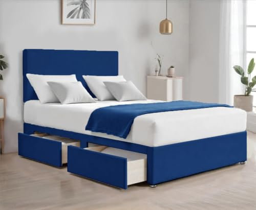 Cloud Comfort Suede Fabric Divan Bed | Luxurious Small Double Bed Frame with Spring Memory Foam Mattress & Storage 2-Drawers | Plain 20” Headboard – Dreamlike Rest Awaits! (BLUE, 4FT Small Double Bed)