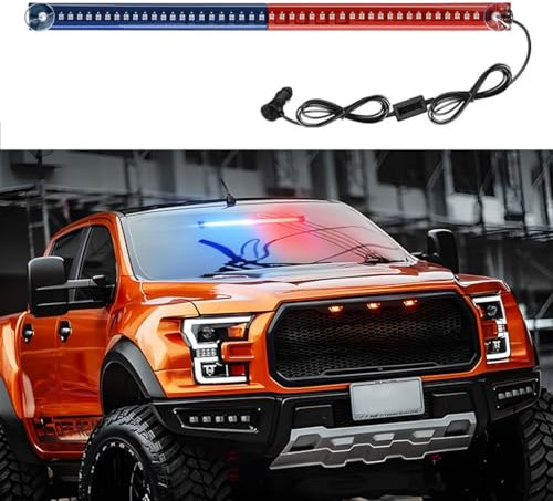 Barre de Feux Clignotants d'urgence Rouge/Bleu pour Pare-Brise avec Ventouse,Barre de Feux Clignotants d'avertissement de Danger,Feux stroboscopiques LED,pour Voiture 12V-24V