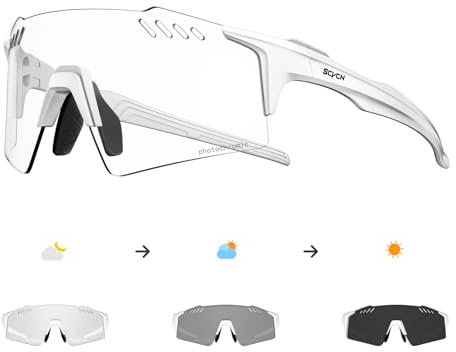 SCVCN Selbsttönend Photochromatische Fahrradbrille Herren Damen Sportsonnenbrille Klar Radsport Radfahren MTB Laufen Radbrille Volleyball Tennis Autofahren Angeln Softball Bergsteigen Golf 04 Weiß