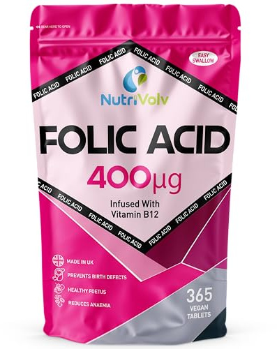 Folic Acid Tablets 400mcg | 365 Vegan Vitamin B9 Tablets | Added Vitamin B12 | 12 Month Supply | Pregnancy & Prenatal Care | Normal Maternal Tissue Growth | Reduce Tiredness & Fatigue | Women's Health