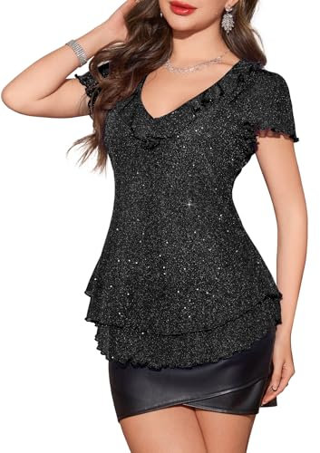 Berylove Women's Sparkly Sequin Tops Short Sleeve Glitter Tops Casual Daily Outing Evening Top V-Neck Club Ruffle Black Top T1010 Black L