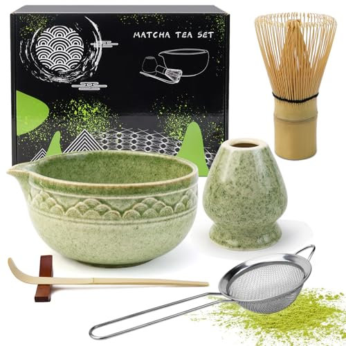 VZXZXE Juego de 6 escobas Matcha, batidor de matcha, cuchara de matcha, cuenco de matcha con caño, whisky matcha, cucharas coladoras de acero inoxidable, juego de té matcha de cerámica (juego de 6